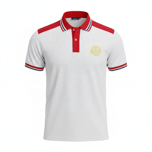 Áo Polo Nam Trắng Đỏ Tương Phản, In Logo Tùy Chỉnh, Tay Ngắn, Chất Liệu Cotton Pha, Phong Cách Thường Ngày, Dáng Ôm, Áo Polo Golf, OEM Bán Buôn