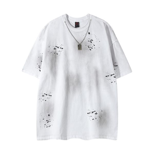 Áo thun cotton chất lượng cao in khổ lớn, kiểu dáng rộng thùng thình, tay áo trễ vai, phong cách đường phố, có logo tùy chỉnh, size lớn, kiểu rách