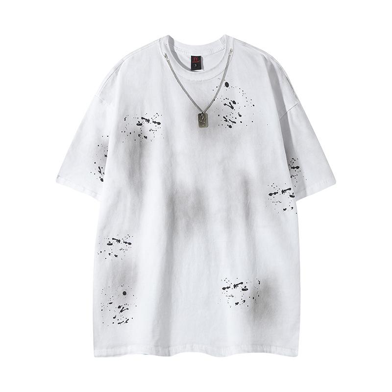 Áo thun cotton chất lượng cao in khổ lớn, kiểu dáng rộng thùng thình, tay áo trễ vai, phong cách đường phố, có logo tùy chỉnh, size lớn, kiểu rách