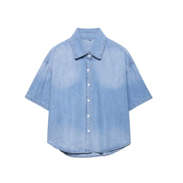 2025 mùa hè mới của phụ nữ thanh lịch đi lại ngắn tay áo sơ mi denim lỏng lẻo đơn giản ve áo giản dị rửa sạch với yếu tố thời trang cổ điển