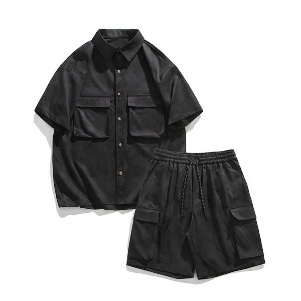 Quần Short Áo sơ mi ngắn tay có ve áo nhuộm Cà Vạt mùa hè cho nam Bộ hai món quần năm điểm thường ngày dáng rộng Retro Kiểu Mỹ