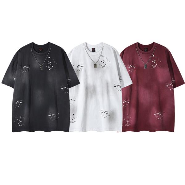 Áo thun cotton chất lượng cao in khổ lớn, kiểu dáng rộng thùng thình, tay áo trễ vai, phong cách đường phố, có logo tùy chỉnh, size lớn, kiểu rách