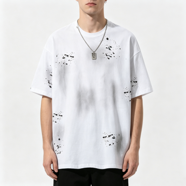 Áo thun cotton chất lượng cao in khổ lớn, kiểu dáng rộng thùng thình, tay áo trễ vai, phong cách đường phố, có logo tùy chỉnh, size lớn, kiểu rách
