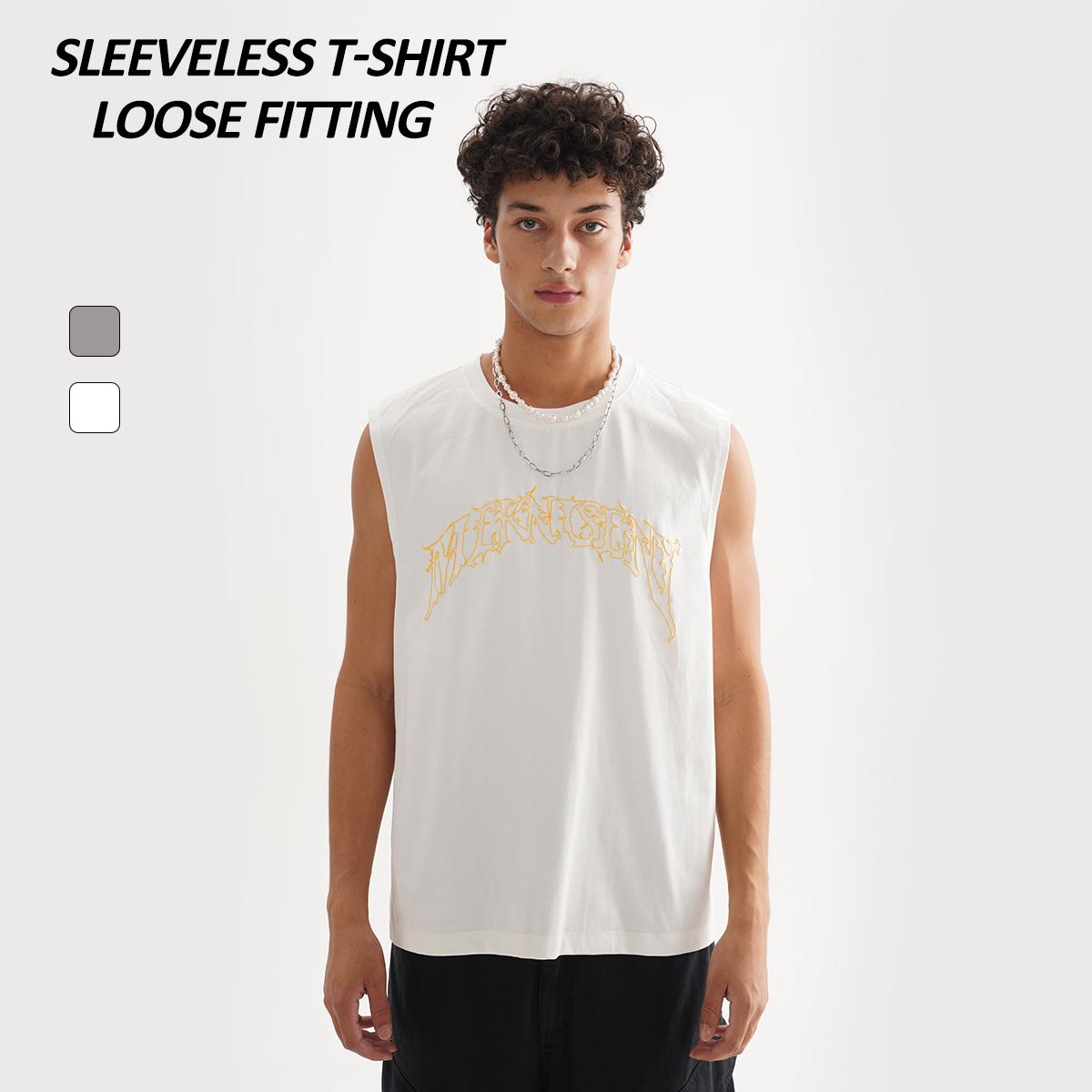 T Áo Sơ Mi Tank Top Người Đàn Ông Thời Trang Phố Quần Áo Siêu Sản Xuất Gân Vòng Cổ Phồng In Loose Người Đàn Ông Của Tank Top Không Tay T-Shirt