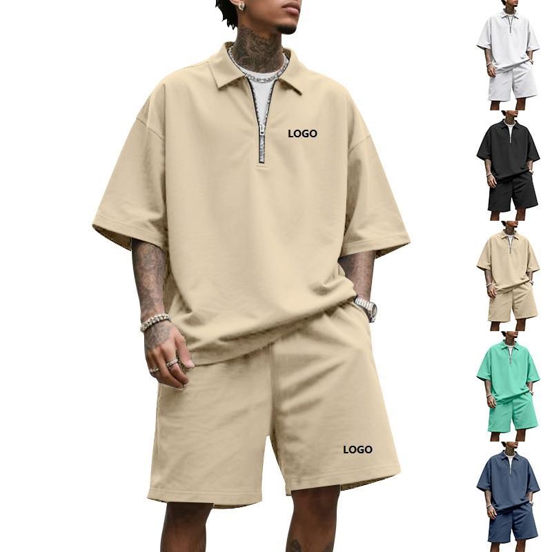 Bộ đồ thể thao in logo tùy chỉnh, chất liệu polyester thoáng khí, chống gió, áo khoác thể thao và quần short hai mảnh, mùa hè, thời trang đường phố nam